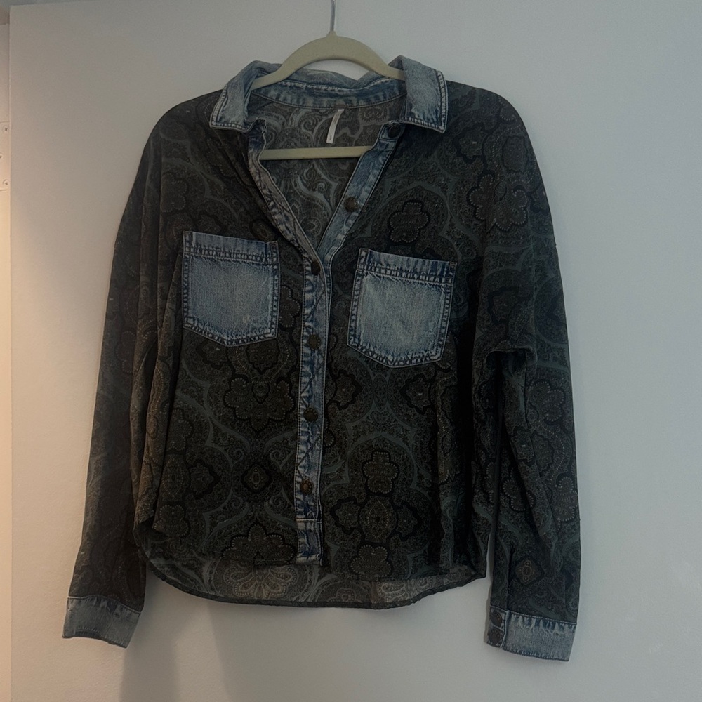 Free People Black and Blue Button Down Shirt